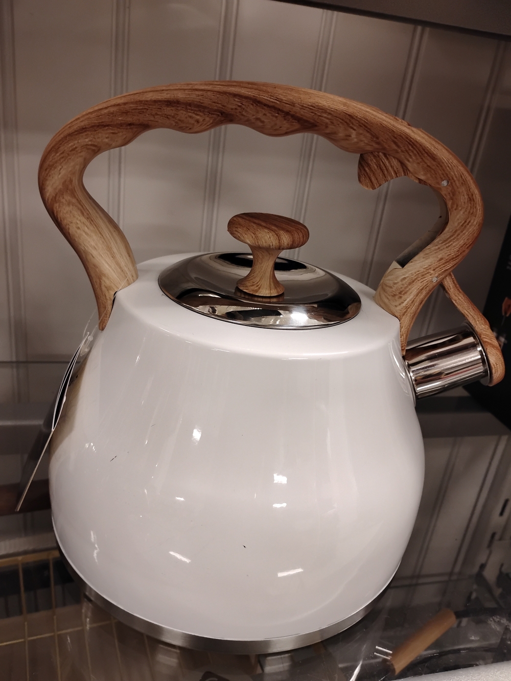 New White Teak-Handle Whistling Tea Kettle